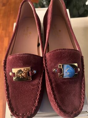 kate spade Burgundy Suede Loafers with Gold-Tone Hardware